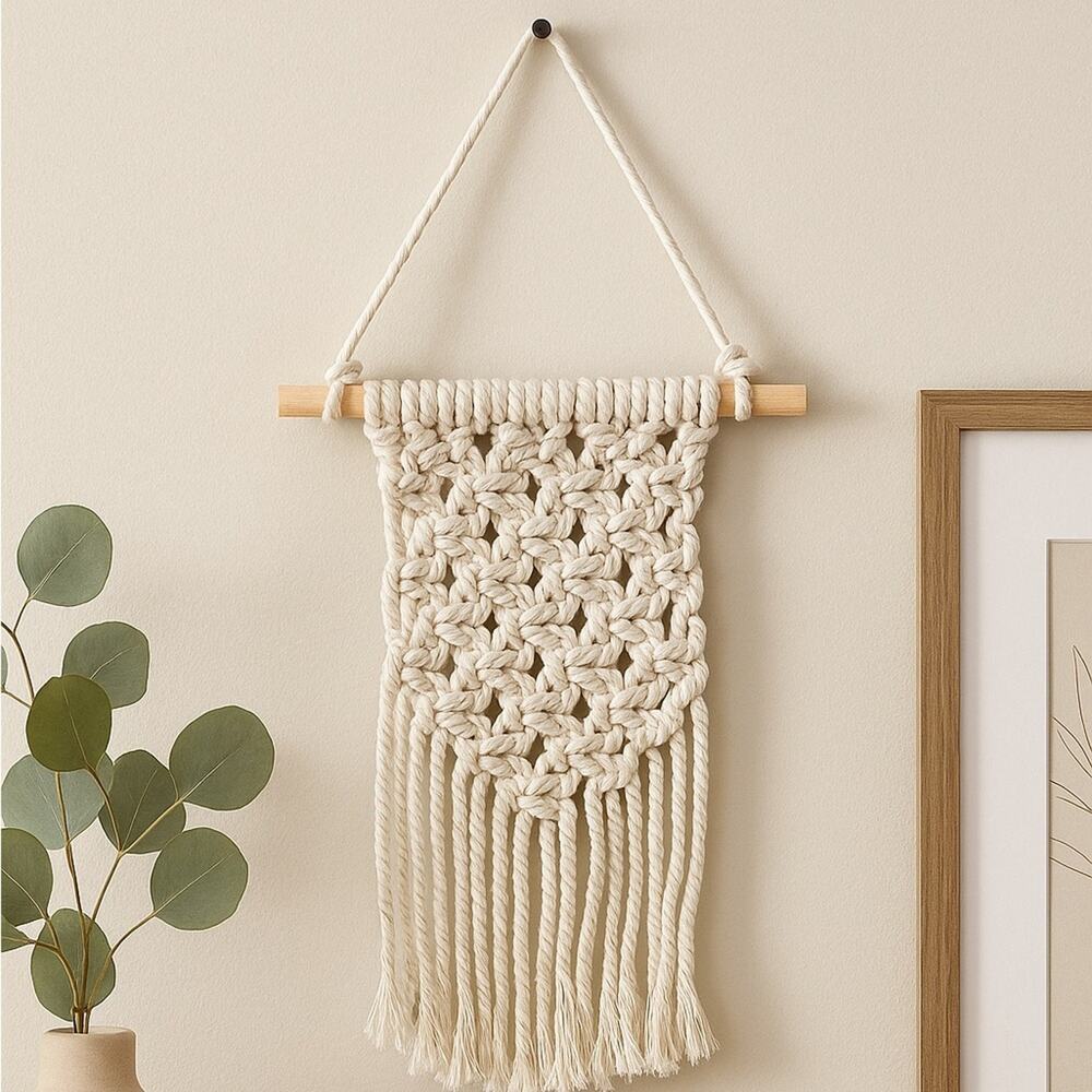Boho Macrame Wall Hanging – Cream Cotton Mini Tapestry Decor